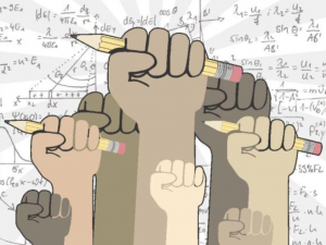 Many hued hands holding pencils in fists in front of a lot of math formulas