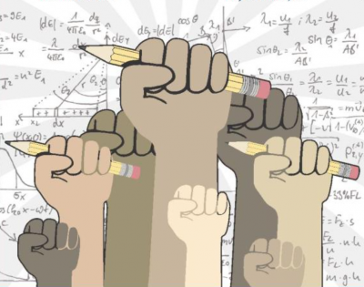 Many hued hands holding pencils in fists in front of a lot of math formulas